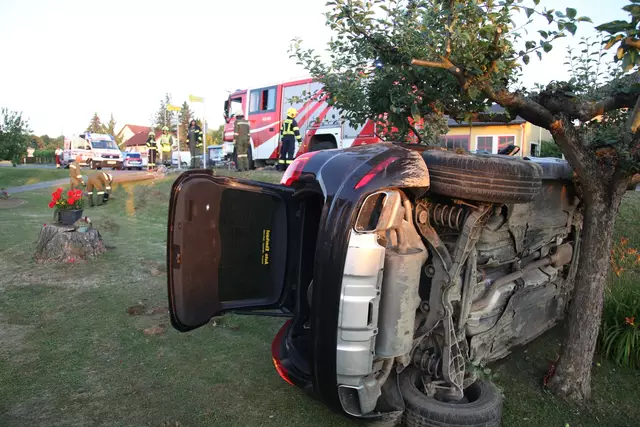 Der Lenker kam mit seinem Pkw von der Fahrbahn ab, überfuhr einen betonierten Masten und kam seitlich in einem Obstgarten zum Stillstand. | Foto: Feuerwehr Jennersdorf/Eduard Erber