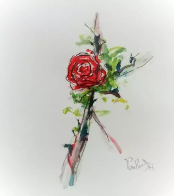 Mundmaler Paulus Ploier, Titel vom Kunstwerk: "Dornenrose" (2019), Technik: Mundmalerei Aquarell-Grafik, Größe: 42 cm x 59,4 cm. | Foto: www.paulus-art.at