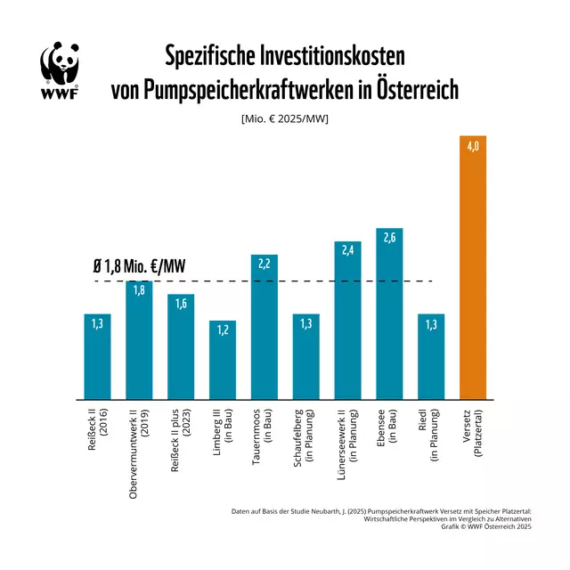 Bild 04: Durchschnittliche spezifische Investitionskosten für Pumpspeicher in Österreich lt. Grafik von WWF aus Studie von Dr. Neubarth. Speicherkraftwerk Versetz hat mehr als die doppelten Kosten (4 Mio. €/MW) als der österreichische Durchschnitt! Produziert jedoch nicht mehr Strom, weil die Nennleistung in MW sich ja nicht verdoppelt! Wird am Ende wohl ein Milliardengrab!  | Foto: © WWF