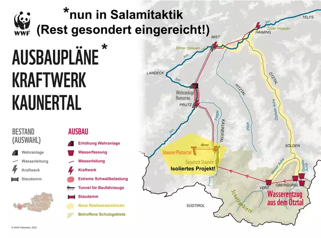 Bild 03: ist nun eine Salamitaktik der TIWAG? Nach dem NEIN der Ötztaler wird nun der Stausee und das KW Versetz gesondert und getrennt vom dem Wasserentzug aus dem Ötztal um Genehmigung angesucht. Den Teil Ötztal hat man aber noch nicht aufgegeben! | Foto: © WWF + ergänzt von Ing. Günter Kramarcsik