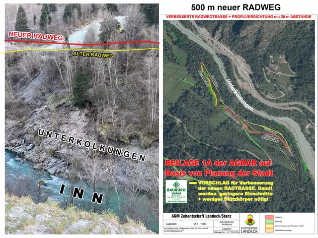 Bild 08: Bezüglich linke Bildhälfte siehe nachfolgendes Bild 09. 
Der Lageplan zeigt den 500 m langen neuen Radwegabschnitt auf Grundparzelle der Agrargemeinschaft Zehentschaft Landeck - Stanz. Die alte Radwegtrasse ist gelb dargestellt. | Foto: © Ing. Günter Kramarcsik + Stadtbauamt