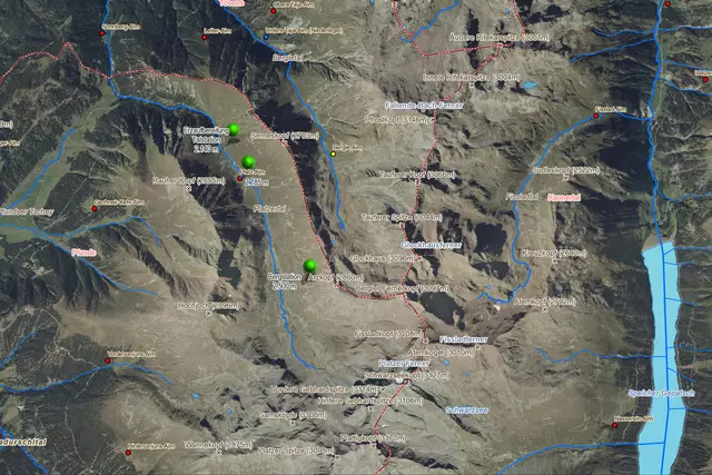 Bild 22 - Übersichtskarte: Rechts unten Gepatsch- Speichersee (Kaunertal) und im linken Bilddrittel das Platzertal. Die Erzaufbereitung und Talstation Materialseilbahn befindet sich auf ca. 2.140 m Seehöhe, die Platz- Alm auf ca. 2.185 m und die Bergstation auf ca. 2.500 m.  | Foto: © Tiris + ergänzt Ing. Günter Kramarcsik