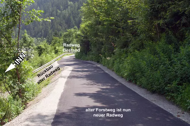 Bild 19: Ende des alten Forstwege und Einbindung in den bestehenden Radweg. Alter Radweg (links) wurde zurückgebaut. | Foto: © Ing. Günter Kramarcsik