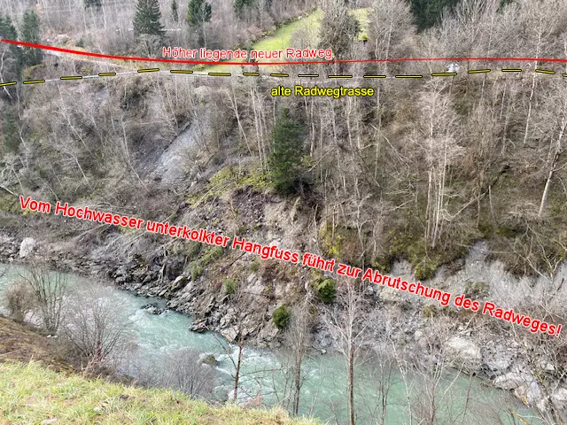 Bild 09: Hier sind die Unterkolkungen vom linken Innufer durch den Inn deutlich zu erkennen. Der gelbe Strich zeigt die alte Radwegtrasse und der rote Strich die neue und höher gelegene Radweg- Trasse.  | Foto: © Ing. Günter Kramarcsik