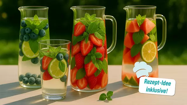 So schmeckt der Sommer! Heidelbeere-Minze, Erdbeere-Basilikum-Limette und Wassermelone-Minze-Limette – drei erfrischende Infused-Water-Ideen, die nicht nur gut aussehen, sondern auch richtig gut tun.
