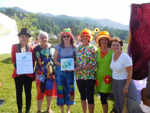 Das Team vom Kindergarten Allerheiligen mit der Urkunde und einer Klimabündnis-Tafel, Vertreterinnen der Stadt Kindberg und vom Klimabündnis Steiermark.  | Foto: Kindergarten Allerheiligen 