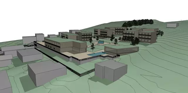 Die Visualisierung basiert auf den offiziell bekannten Eckdaten des Projekts: 1,13 Hektar verbaute Fläche, 144 Zimmer, vier Gebäude, Tiefgarage mit 225 Stellplätzen.  | Foto: Bürgerinitiative "Stimme für Going" (Visualisierung)