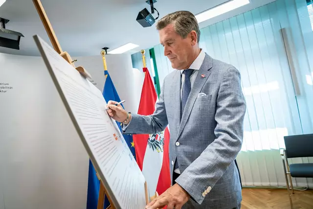 Infrastrukturminister Peter Hanke (SPÖ) unterzeichnete am Dienstag in Wien gemeinsam mit Vertretern von fünf Airlines, Flughäfen und Austro Control klare Regeln für den Umgang mit renitenten Passagierinnen und Passagieren (sog. "unruly passengers") | Foto: Tobias Holzer