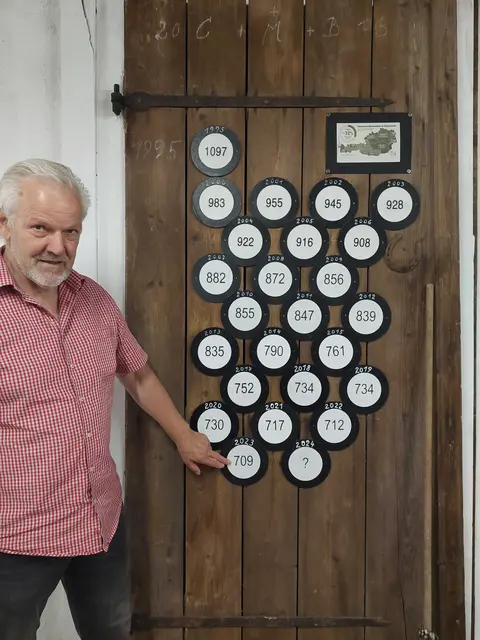 Johnn neben der "Lungauer Stalltür". Das Bild zeigt die rückläufigen Zahlen, der jährlich gemeldeten Bauernhöfe im Lungau. 