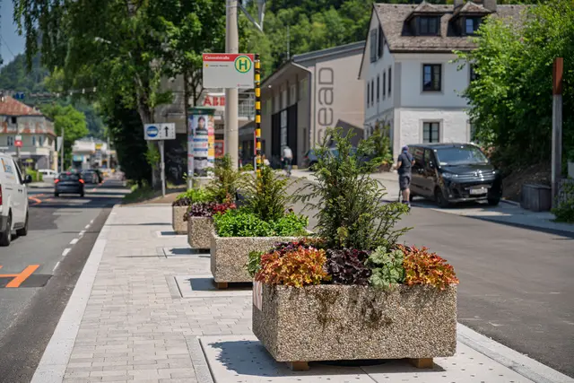 Die Bushaltestelle Canavalstraße stadtauswärts: 
Durch die Umgestaltung zur Fahrbahnhaltestelle sollen riskante Überholmanöver der Vergangenheit angehören. Im Herbst werden die Blumentröge durch Bäume ersetzt. | Foto: Stadt Salzburg/Alexander Killer