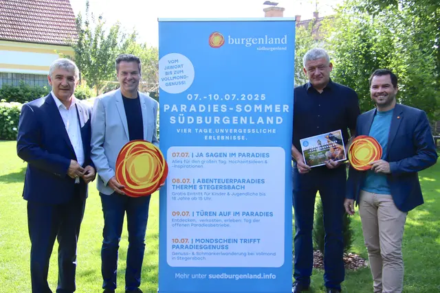 Stellten das Programm der "Paradies"-Woche vor: Dietmar Tunkel (Tourismusverband), Walter Temmel (LEADER), Gerald Ehrenhöfer ("Paradies"), Marcel Pomper (Therme Stegersbach). | Foto: Martin Wurglits