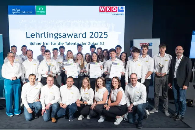 Strahlende Gesichter: die Lehrlinge von Palfinger und Ausbildende feiern sieben Auszeichnungen beim oberösterreichischen Lehrlingswettbewerb in der Sparte Industrie. | Foto: Cityfoto