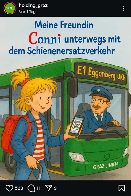 Zuletzt war Kinderbuchheldin Conni mit den Grazer Öffis unterwegs – Screenshot vom Instagram-Profil der Holding Graz. | Foto: Instagram @holding_graz