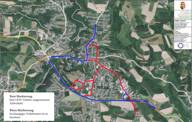 Die blau markierten Verkehrswege sind für den Lieferverkehr vorgesehen. Die rot markierten Straßen dürfen nur für Zielverkehr genutzt werden.
 | Foto: Land OÖ/Gemeinde Pregarten