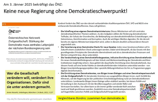 Am 3. Jänner 2025 bekräftigt das ÖNZ: "Keine neue Regierung ohne Demokratieschwerpunkt!" - Weitere Hinweise und Quellenangabe in t1p.de/IG-Demokratie-gemeinsam-staerken