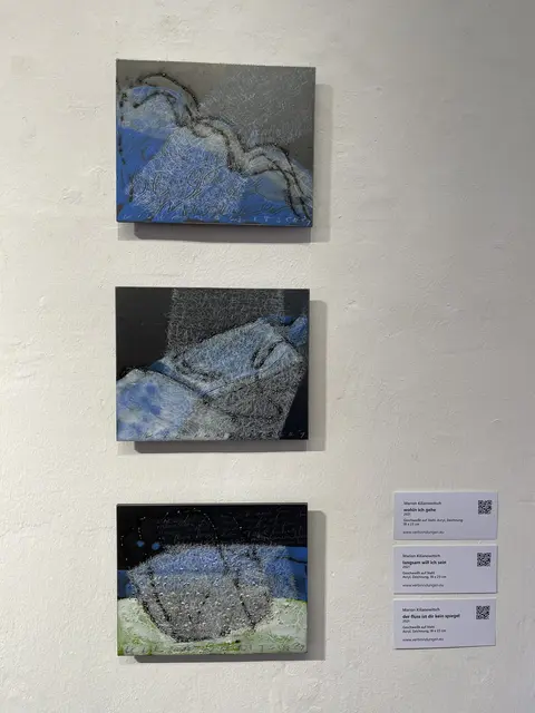 Marion Kilianowitsch
wohin ich gehe/ langsam will ich sein / der fluss ist dir kein Spiegel 
2021
Geschweißt auf Stahl, Acryl, Zeichnung
je 850,-€
18 x 23 cm | Foto: Josef Goldhofer