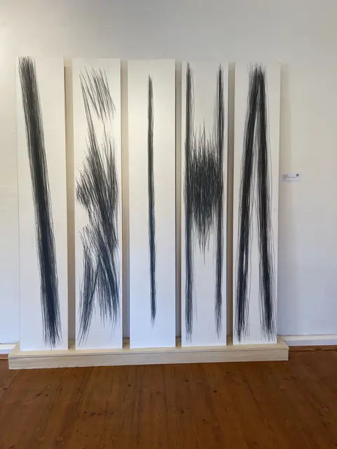 Tonie Meilhamer zeichnen pur
(5-teiliger Zyklus), 2004
Graphit und Acryl-Klarlack auf Pappelsperrholz, weiß grundiert je 183 x 30 cm
je 6000,-€ | Foto: Josef Goldhofer