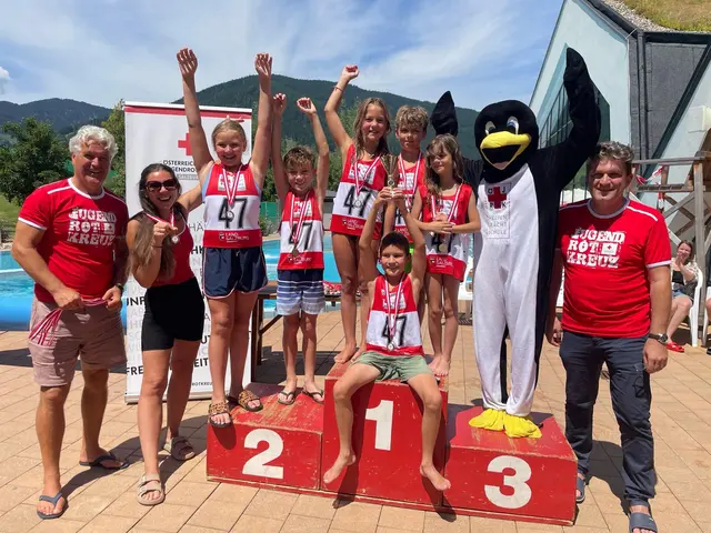 Das Team „die mittleren Schwimmer“ der Volksschule St. Johann am Dom wurde mit dem Pinguin Cup gewürdigt. (v.l.): Robert Tschaut (Fachinspektor für Bewegung und Sport der Bildungsdirektion Salzburg und Landesreferent für Schwimmen des Salzburger Jugendrotkreuzes), Klassenlehrerin Sophie Vecchielli mit Gewinnerteam, Anton Lettner (Landesleiter des Jugendrotkreuzes und Leiter des Pädagogischen Dienstes der Bildungsdirektion) | Foto: Rotes Kreuz Salzburg