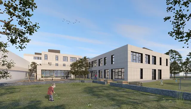 Eine Visualisierung der umgebauten Bundesbildungsanstalt für Sozialpädagogik und Elementarpädagogik. Aufgrund des baulichen Zustands und des steigenden Bedarfs an Ausbildungsplätzen war eine umfassende Sanierung und Erweiterung dringend notwendig. Seit dem Schuljahr 2023/24 wird der Schulbetrieb provisorisch in Containern abgewickelt. Es werden durch den Neubau 620 Schülerinnen und Schüler, rund 150 Kindergarten- und Hortkinder sowie rund 100 Lehrende wieder unter einem Dach lernen und lehren können. Derzeit sind sie auf die Container und auf drei Exposituren aufgeteilt.
 | Foto: zVg/LN