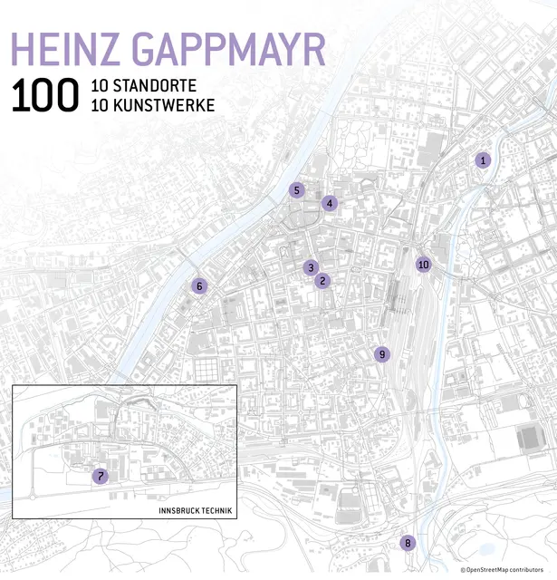 Die zehn Standorte der Gappmayr Ausstellungen in ganz Innsbruck auf einen Blick. | Foto: OpenStreetMap contributors