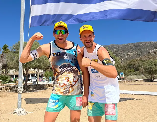 Xandi Huber und Robin Seidl können beim Bechvolleyballturnier auf der griechischen Ferieninsel Ios über Bronze jubeln. | Foto: ÖVV/Sportlive/Huber/Seidl