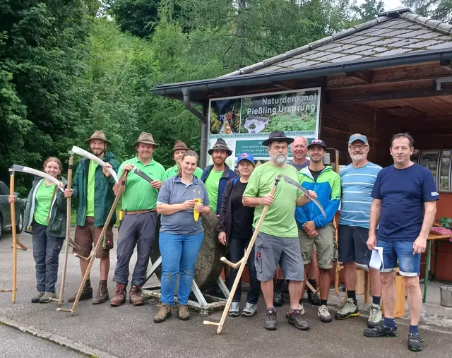 Die „Gesunde Gemeinde Roßleithen“ und der Sensenverein mähten ein über 4.000 m² großes Steilgrundstück in Handarbeit mit traditionellen Sensen.
 | Foto: Kurt Pawluk