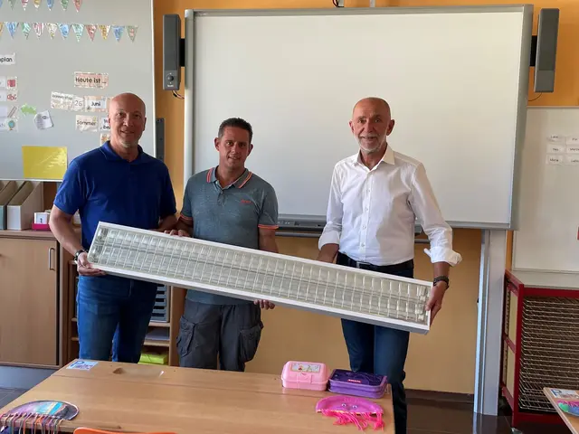 Direktor Bernhard Bachofner, Schulwart Alexander Dorn und Bürgermeister Josef Schaden mit neuer energiesparender Beleuchtung.
 | Foto: Marktgemeinde Schweiggeers