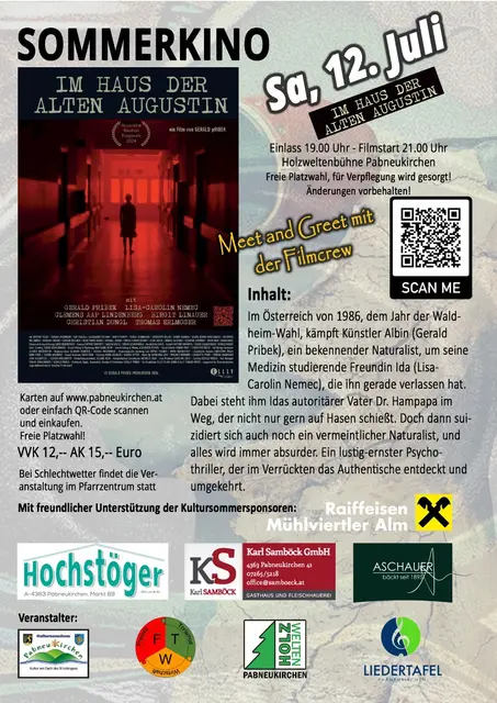 Den Abschluss des Kultursommers in den Pabneukirchner Holzwelten bildet traditionell das Sommerkino. Am Samstag, 12. Juli 2025, ist der mehrfach ausgezeichnete Film „Im Haus der alten Augustin“ zu sehen. 