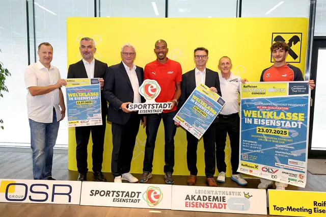 Franz Rumpold (OSR), Sportlandesrat Heinrich Dorner, Bürgermiester Thomas Steiner, Christian Taylor, Rudolf Suttner (Raiffeisenlandesbank Burgenland),Meeting Director Rolf Meixner und Enzo Diessl präsentierten das Programm für die Austria Open.
 | Foto: Landesmedienservice Burgenland