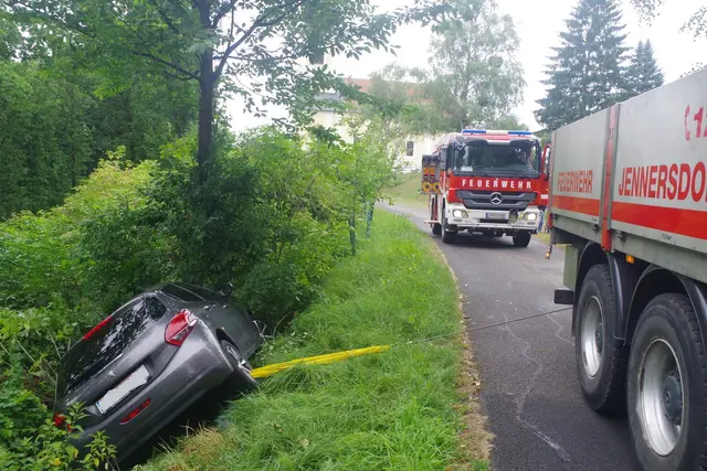 Ein dichter Jungwald entlang der Straße in Eisenberg an der Raab verhinderte den Absturz des Pkws. | Foto: Feuerwehr Jennersdorf/Kevin Kirschner