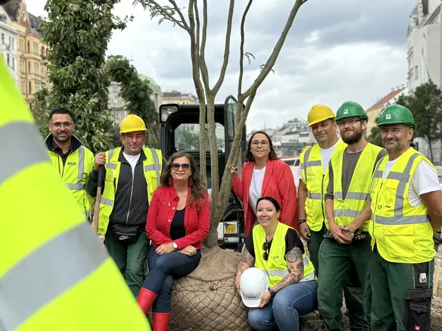 Bäume für den Naschmarkt. In rot links: Planungsstadträtin Ulli Sima, rechts: Julia Lessacher (beide SPÖ), in Schutzwesten das Bau-Team | Foto: Nathanael Peterlini/MeinBezirk