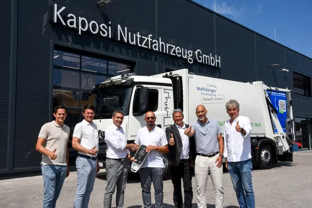 Von links: Mario Ellersdorfer (Bereichsleiter Umwelt/Wolfsberger Stadtwerke),
Vizebürgermeister Alexander Radl, Diether Hirschmann (Verkauf/Kaposi Nutzfahrzeug
GmbH), Kraftfahrer Horst Schmidt, Christian Ortner (GF Kaposi Nutzfahrzeug GmbH),
Christian Schimik (GF Wolfsberger Stadtwerke), Herbert Utz (geschäftsführender
Gesellschafter FAUN Austria) | Foto: Stadtgemeinde Wolfsberg