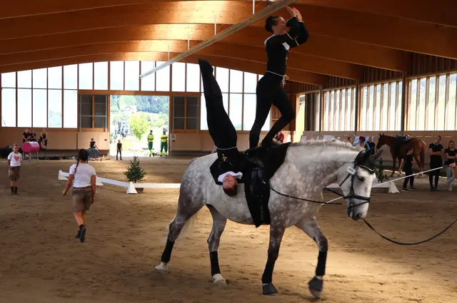 Zum Rhythmus von Musik und im Takt zum galoppierenden Pferde muteten einige der Übungen schon recht spektakulär an. | Foto: Gerhard Langmann