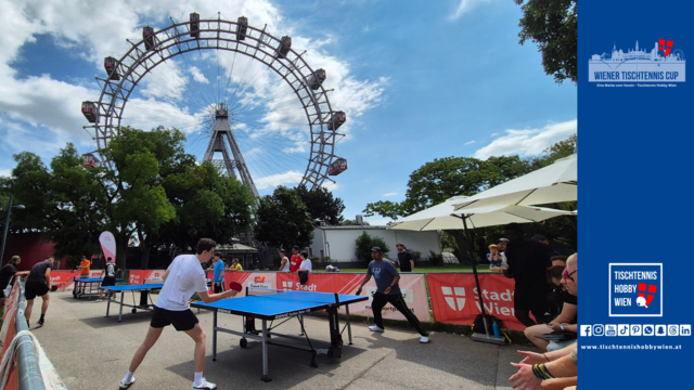Einzigartiges Tischtennisspiel vor dem Wiener Riesenrad - ein Moment, den nur wenige erlebt haben: sportliche Action an der Platte vor dem weltberühmten Wiener Wahrzeichen im Hintergrund. | Foto: Tischtennis Hobby Wien