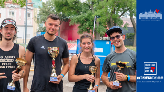 Die Sieger:innen des Tischtennis-Events vor dem Wiener Riesenrad - von links nach rechts: M. Riglthaler (2. Platz), M. Ponjarac (1. Platz), B. Ruprechtshofer (3. Platz und beste Dame), M. Krammer (Sieger kleines Finale). | Foto: Tischtennis Hobby Wien, R.Lendl