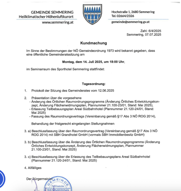 Punkt 2 der Gemeinderatssitzung betrifft das Südbahnhotel. | Foto: Screenshot Gemeinde Semmering