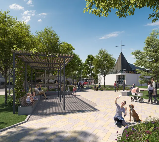 Der große Parkplatz bei der Kirche in Süßenbrunn soll zum Dorfplatz werden. | Foto: JAMJAM – C. Schön GmbH – Kreativagentur für Immobilien