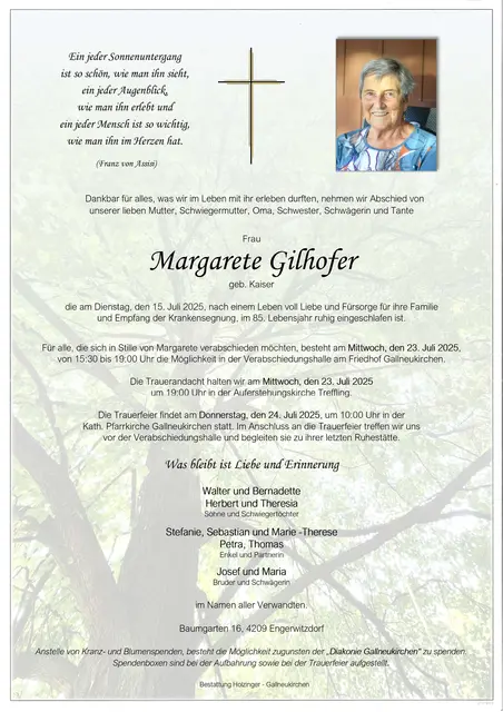 Margarete Gilhofer ✝︎ 15. Juli 2025 | Foto: Bestattung Holzinger