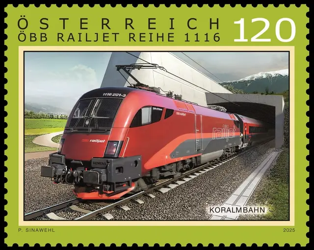 Briefmarke mit der Visualisierung der Koralmbahn und eines Railjets | Foto: foto: ÖBB Presse
