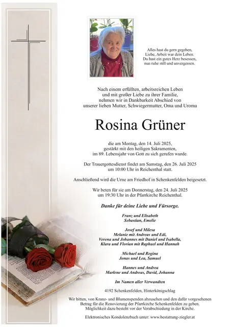 Rosina Grüner ✝︎ 14. Juli 2025 | Foto: Bestattung Ziegler