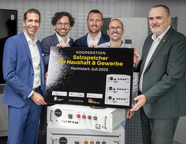 Vorstandsvorsitzender Burgenland Energie Stephan Sharma, Geschäftsführer Salzstrom Jürgen Ellensohn, CFO Salzstrom Stefan Nolte, CEO Salzstrom Peter Arnold und Landeshauptmann Hans Peter Doskozil bei der Präsentation der neuen Kooperation. | Foto: Burgenland Energie AG