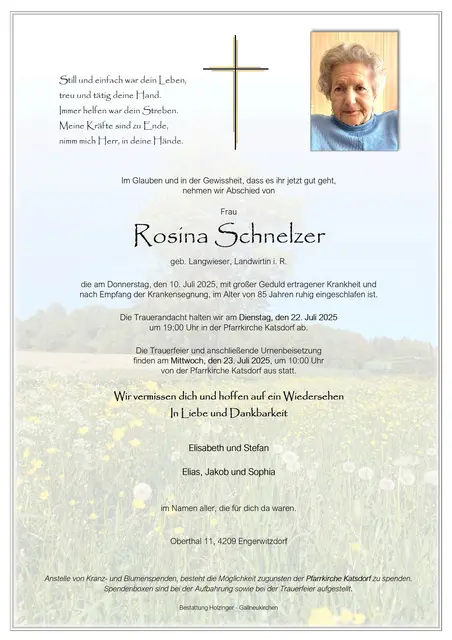 Rosina Schnelzer ✝︎ 10. Juli 2025 | Foto: Bestattung Holzinger