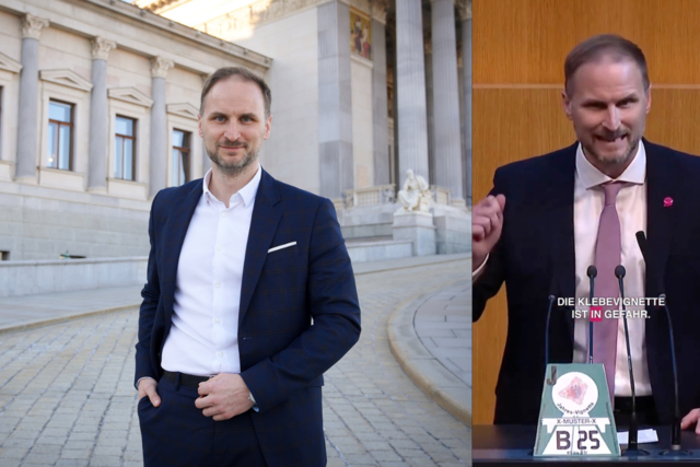 Janos Juvan vor dem Parlament. Seine letzte Rede gleicht einer Satire: Der Klagenfurter macht sich im Nationalrat über die FPÖ und die Klebevignette lustig. | Foto: Fotomontage: NEOS/Cora Kaufmann/X/MeinBezirk