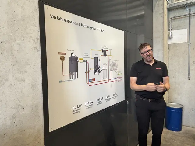 Klaus Eller (Gutmann) führte durchs Haus und erklärte das Verfahrensschema eines Holzvergasers. | Foto: Kendlbacher