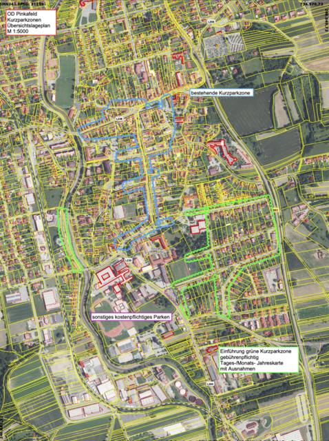 Übersicht über die neuen Zonen der Parkraumbewirtschaftung (in grün) in Pinkafeld. Bestehende Kurzparkzonen (in blau) bleiben aufrecht und kostenlos. | Foto: Stadtgemeinde Pinkafeld.