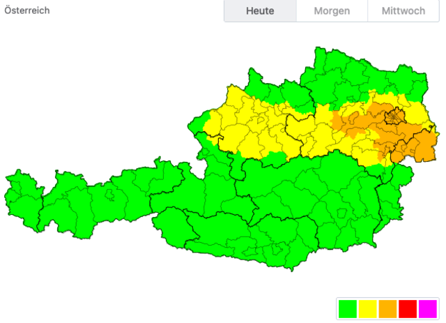 Betrachtet man die Warnkarte von UWZ genauer, so lässt sich eine Windschneise von Oberösterreich bis ins Nordburgenland betrachten. Die stärksten Windspitzen sind in Wien, dem städtischen Umland und Nordburgenland zu erwarten. | Foto: Screenshot UWZ