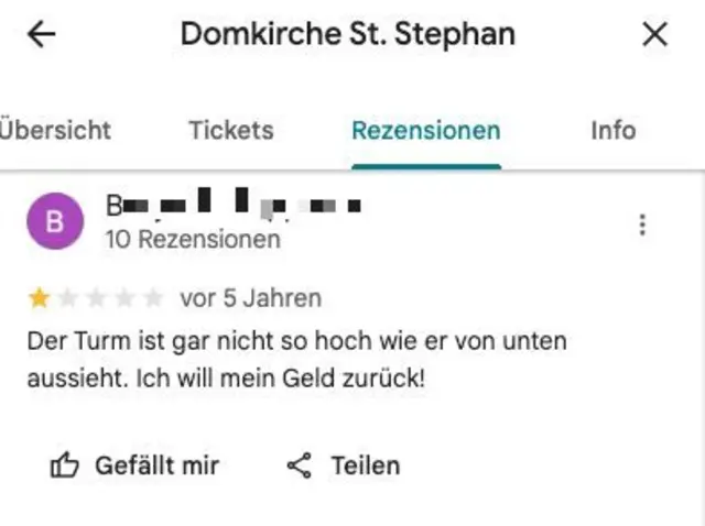 Etwas näher dem Himmel wäre dieser Besucher gerne gewesen. | Foto: Screenshot Google Maps