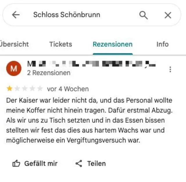 ... noch Franz Josef. Das Service war ebenso mehr als mangelhaft. | Foto: Screenshot Google Maps