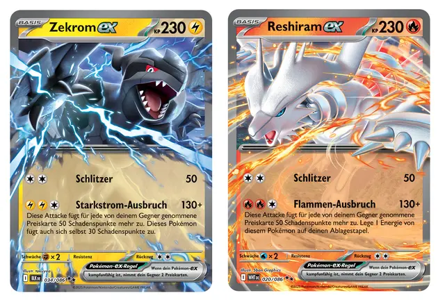 Natürlich müssen im neuen Set die ex-Varianten der legendären Pokémon Zekrom (Schwarze Blitze) und Reshiram (Weisse Flammen) dabei sein. | Foto: The Pokémon Company