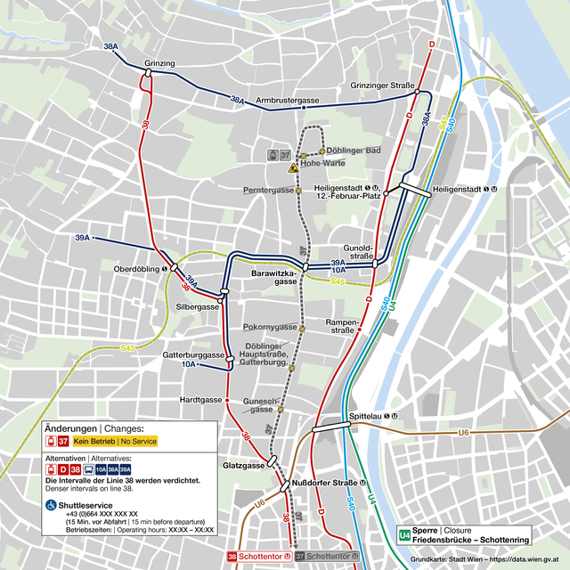 Die Linie 38 wird während den Arbeiten in dichteren Intervallen unterwegs sein, zusätzlich kann auf die Linie D sowie die Buslinien 10A, 38A und 39A ausgewichen werden. | Foto: Wiener Linien